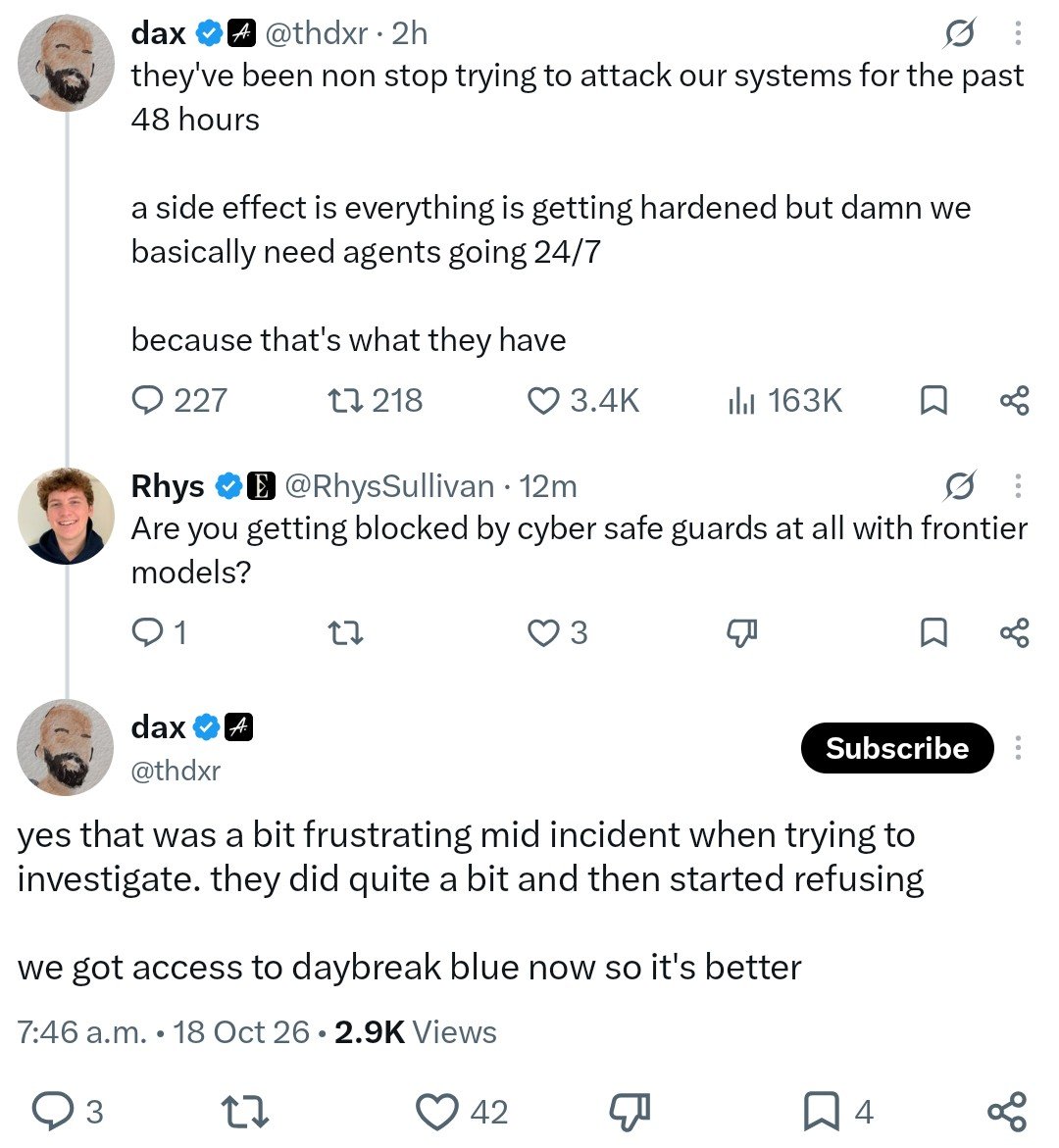 AndrewCurran_'s tweet photo. OpenCode is currently under a sustained cyberattack, and mid-incident they ran into the same problem Hugging Face did: the frontier models they were using for defense began refusing to help fight attacking agents because analyzing the attacks started triggering safety guardrails. https://t.co/z1YKHVHlhf