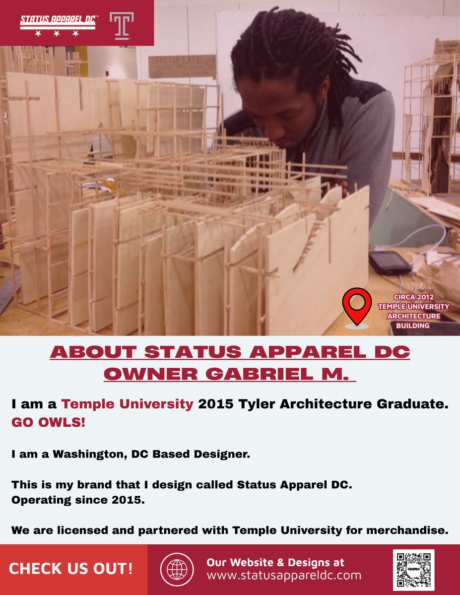 StatusGang's tweet photo. 🦉🍒 ALLOW ME TO REINTRODUCE MYSELF!

🎓 Temple University ’15, Tyler Architecture Graduate
📍 Washington, DC Based Designer
👕 Founder of Status Apparel DC, est. 2015
🤝 Officially Licensed Temple University Merchandise Partner

Full circle! 🙌🏾

About us: https://t.co/Woy0aoGjCw https://t.co/zstFSqYjxv