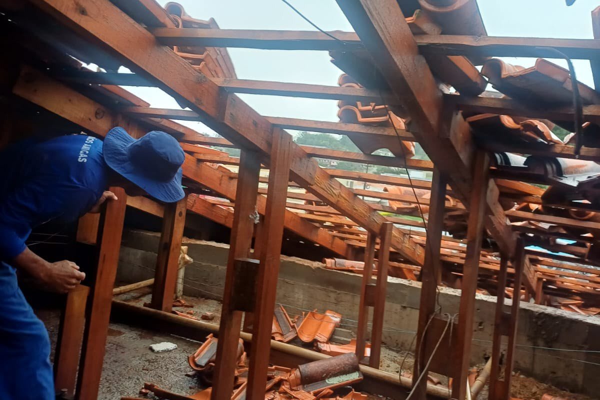 g1's tweet photo. Presos são colocados para reconstruir escolas danificadas por temporal com ventos de até 124 km/h, no Paraná https://t.co/HU0kXbrzpK https://t.co/JbSoYQnhSY