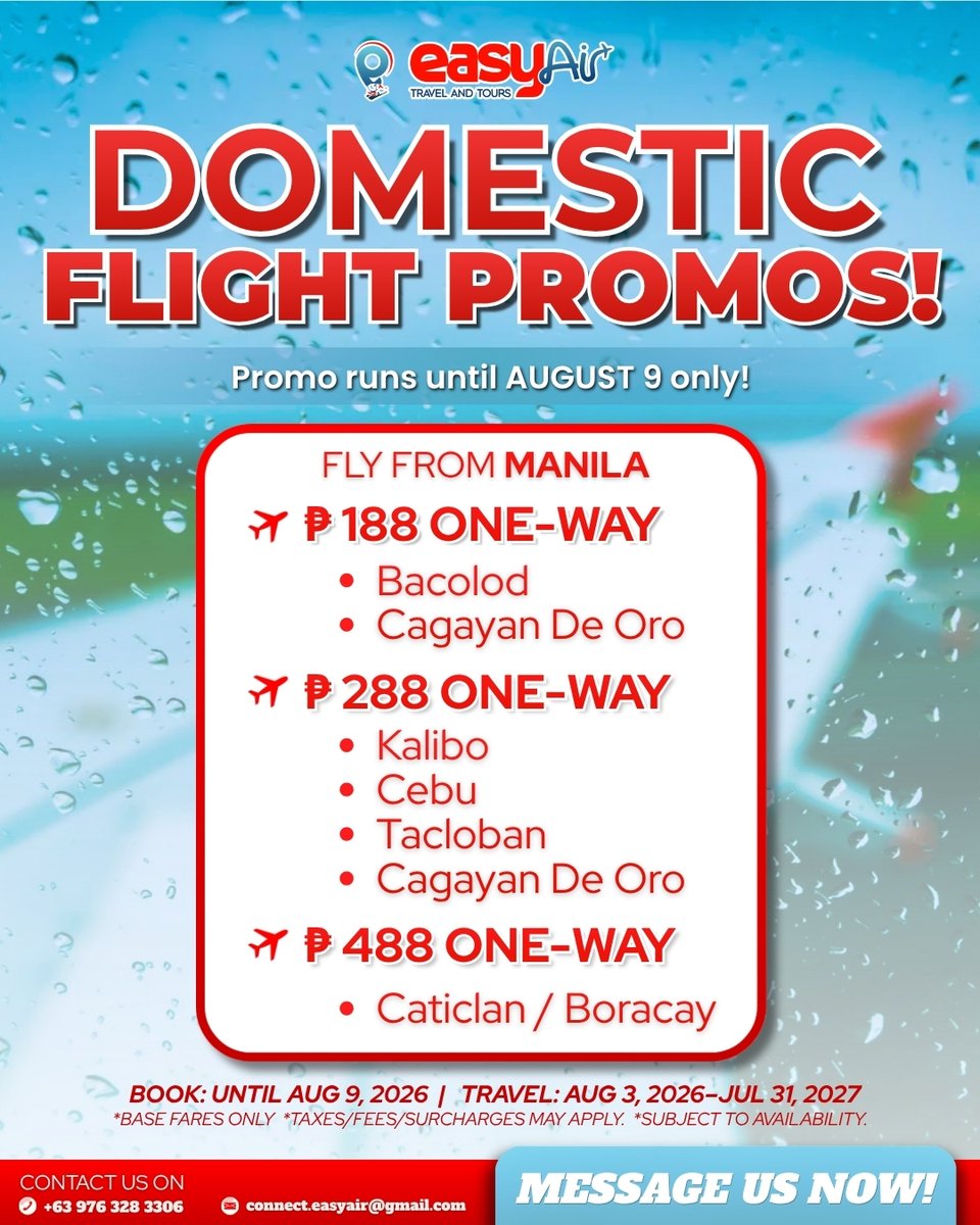 elnene_kenny's tweet photo. DOMESTIC FLIGHT SALE! Fly around the Philippines from ₱188 one-way. AirAsia 8. 8 Sale: Book until August 9 only. Flying from Manila. ₱188: Cagayan de Oro, Bacolod
₱288: Kalibo, Cebu, Tacloban, Iloilo
₱488: Caticlan/Boracay

Travel: Aug. 3, https://t.co/FsJup5camF