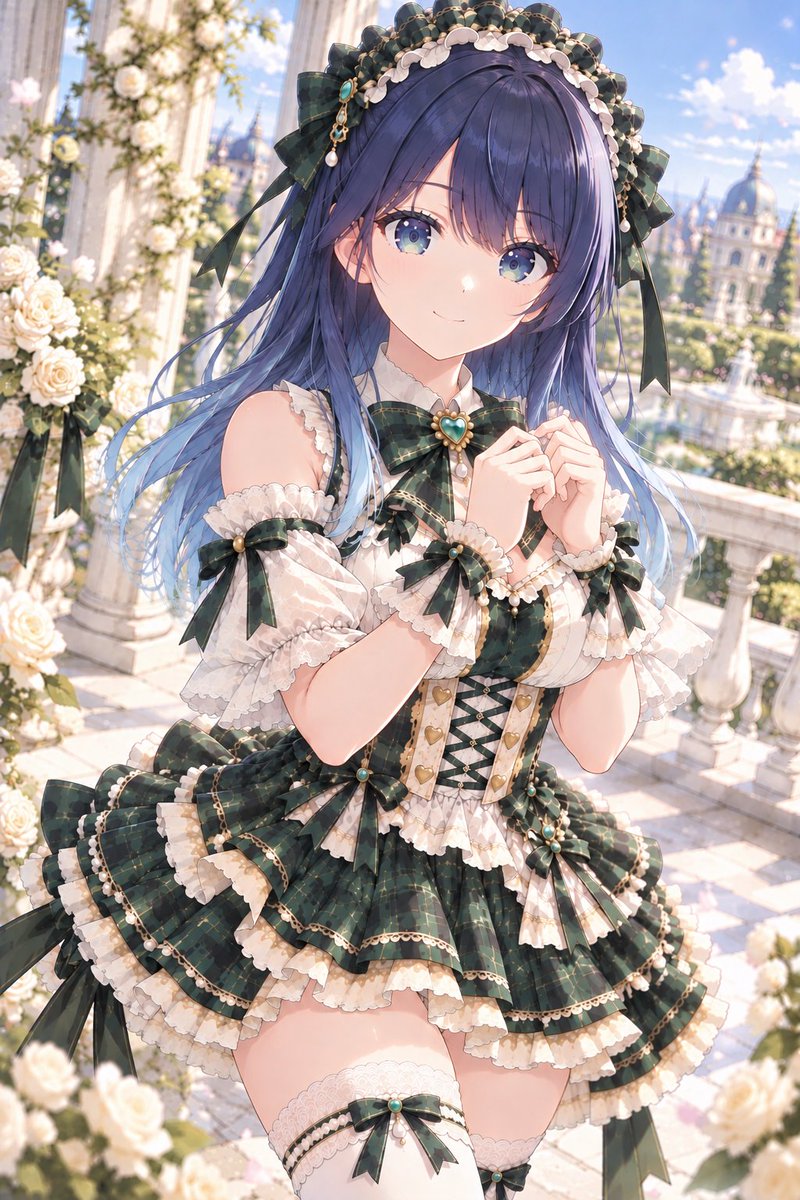 xt9vdi's tweet photo. 白い薔薇が咲き誇る庭園で、優雅なひとときを過ごすあかね🌹✨

深緑のチェック柄と繊細なレースが彩るロリータドレス💚
可憐な微笑みも、夕暮れに見せる横顔も素敵です💕

#黒川あかね
#推しの子
#AIイラスト https://t.co/Ia47ftkKuB