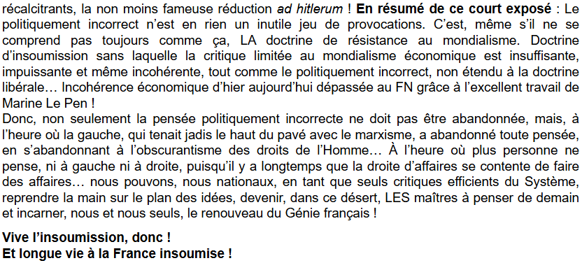 RReichstadt's tweet photo. Fun fact (je n'ai pas pu le mettre dans notre dernier Complorama, il y avait trop à dire) : en 2008, Soral prononce un discours qui compte parmi les textes fondateurs d'Égalité &amp; Réconciliation. Il conclut par ces mots :
"Longue vie à la France insoumise !" https://t.co/mOJNKM77Bj