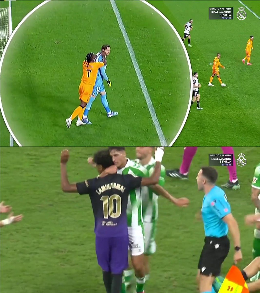 TouchlineX's tweet photo. 🚨 𝗡𝗘𝗪: Real Madrid TV: "Lamine Yamal pushes Bernal and headbutts him. Then he pretends to be hurt, causing the Real Betis player to be sent off."

"But if Vinícius is provoked and pushes an opponent, it's a RED CARD." https://t.co/LBnjwRh9kg