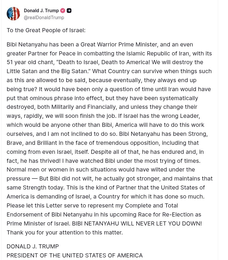 marklevinshow's tweet photo. President Trump gives PM Netanyahu a POWERFUL endorsement for his reelection, from one great leader to another! https://t.co/RquCEstnYc