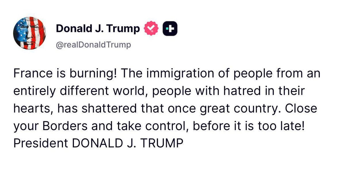A screenshot of a social media post attributed to Donald J. Trump, with a circular profile picture and verification-style badges above a large block of text.