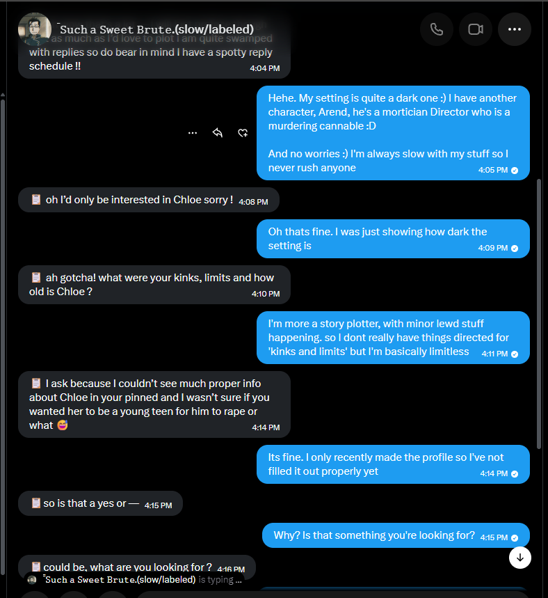 _DEADLETTER_'s tweet photo. This guy trying to do an under-age plot with Chloe.

Led him on to see what he actually wanted and he wanted to do a rape plot with an underage chloe.

discusting https://t.co/3H6DPP4W7j