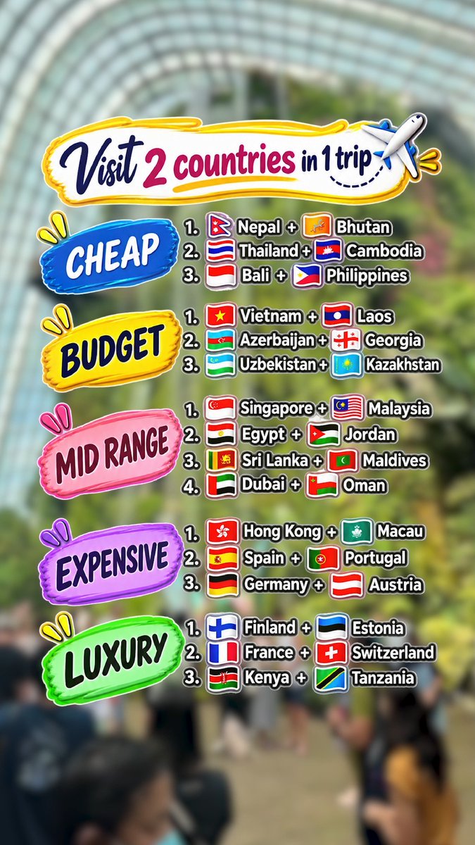 EdwinMauricioA3's tweet photo. Why visit one country when you can explore two in one trip? From budget escapes to luxury experiences, there’s a perfect international combo for every traveller. Nepal + Bhutan, Thailand + Cambodia, Singapore + Malaysia, Egypt + Jordan, France + https://t.co/ilnsSYmw1E