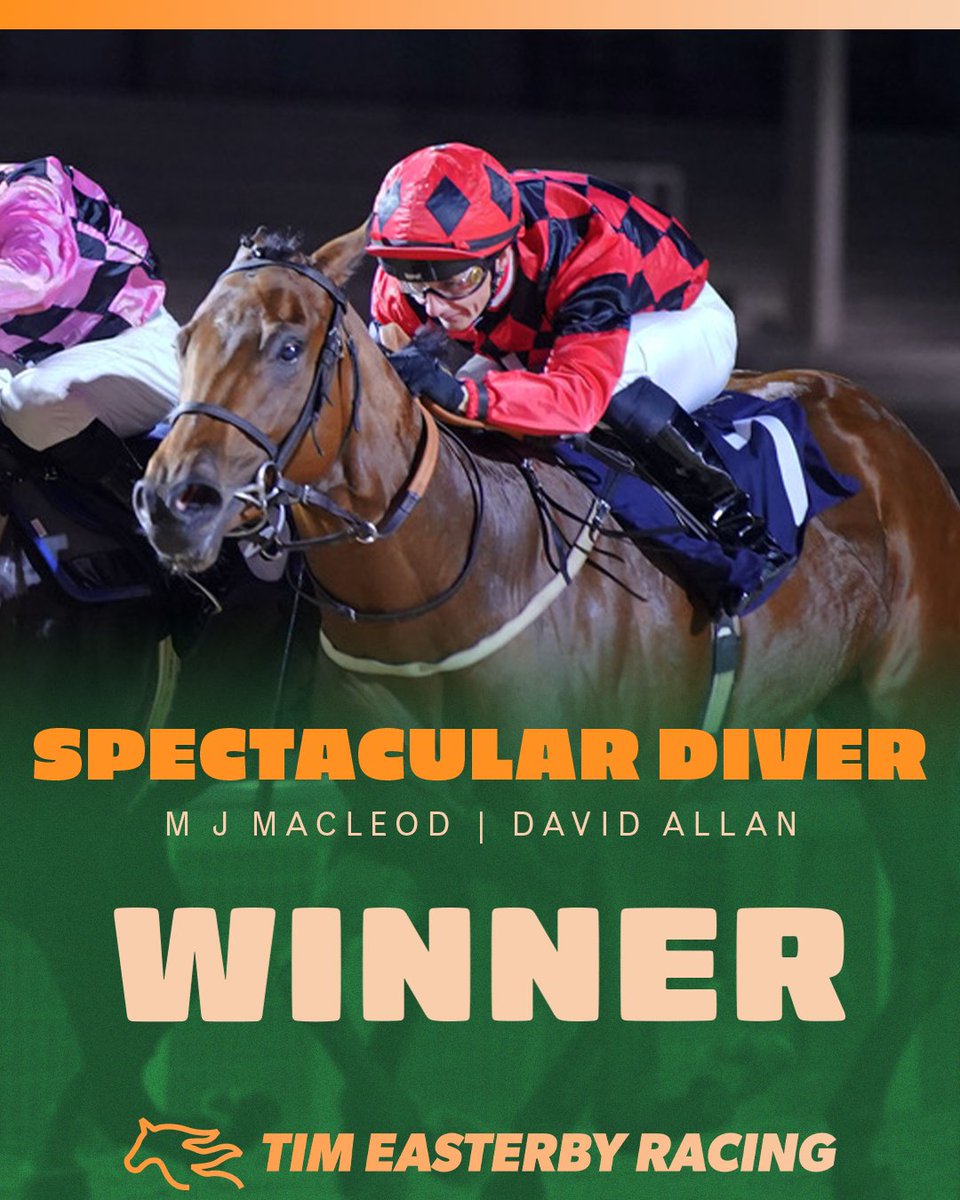 EasterbyTim's tweet photo. 🏆 𝗪𝗜𝗡𝗡𝗘𝗥 🏆

SPECTACULAR DIVER got off the mark with a tough battling victory at Southwell. It's an our 23rd 2YO win of the season! Well done to David Allan and the horses owner Mr Macleod!

📍 @Southwell_Races 
🏆1⃣2⃣1⃣ https://t.co/PPMmFc8kCD