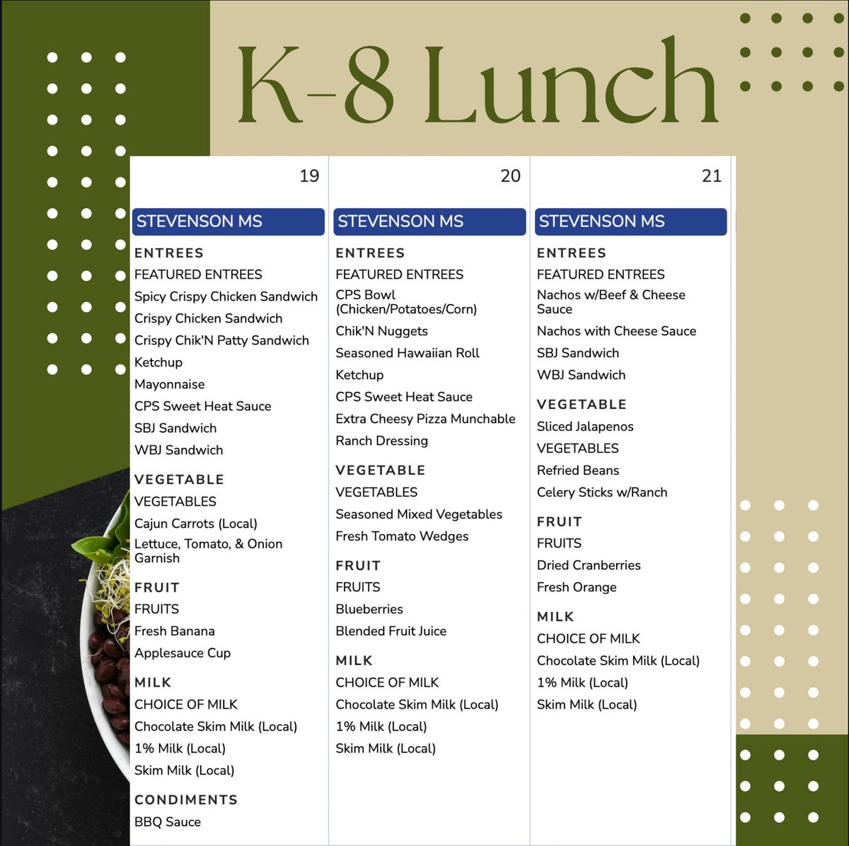 StevensonEagles's tweet photo. Lunch this week October 19th https://t.co/xTe3IDwtug