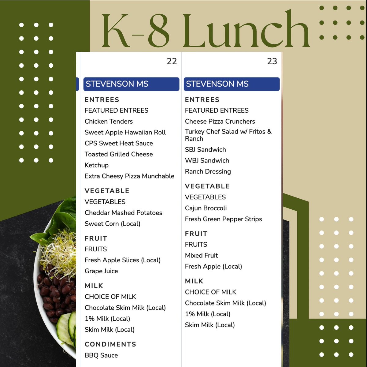 StevensonEagles's tweet photo. Lunch this week October 19th https://t.co/xTe3IDwtug