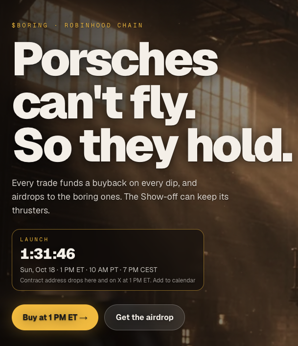 boringporsche's tweet photo. Oct 15. @Porsche  unveils its new supercar in New York.

Turns out it can't even fly 😱

$Boring launches today on Pons, @RobinhoodCrypto 
1 PM ET · 10 AM PT · 7 PM CEST 🔔

Get your seatbelts off 🏎 https://t.co/MrAIdzLx7J