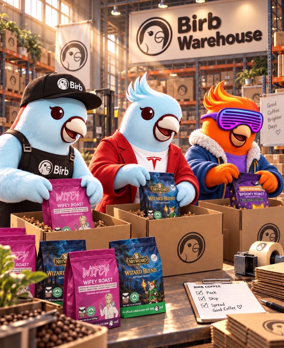 BirbDefi's tweet photo. Good afternoon! 📦🐦 

Packing beans and spilling tea. 

Just another shift at the Birb Warehouse. https://t.co/NUeCKXGyvG