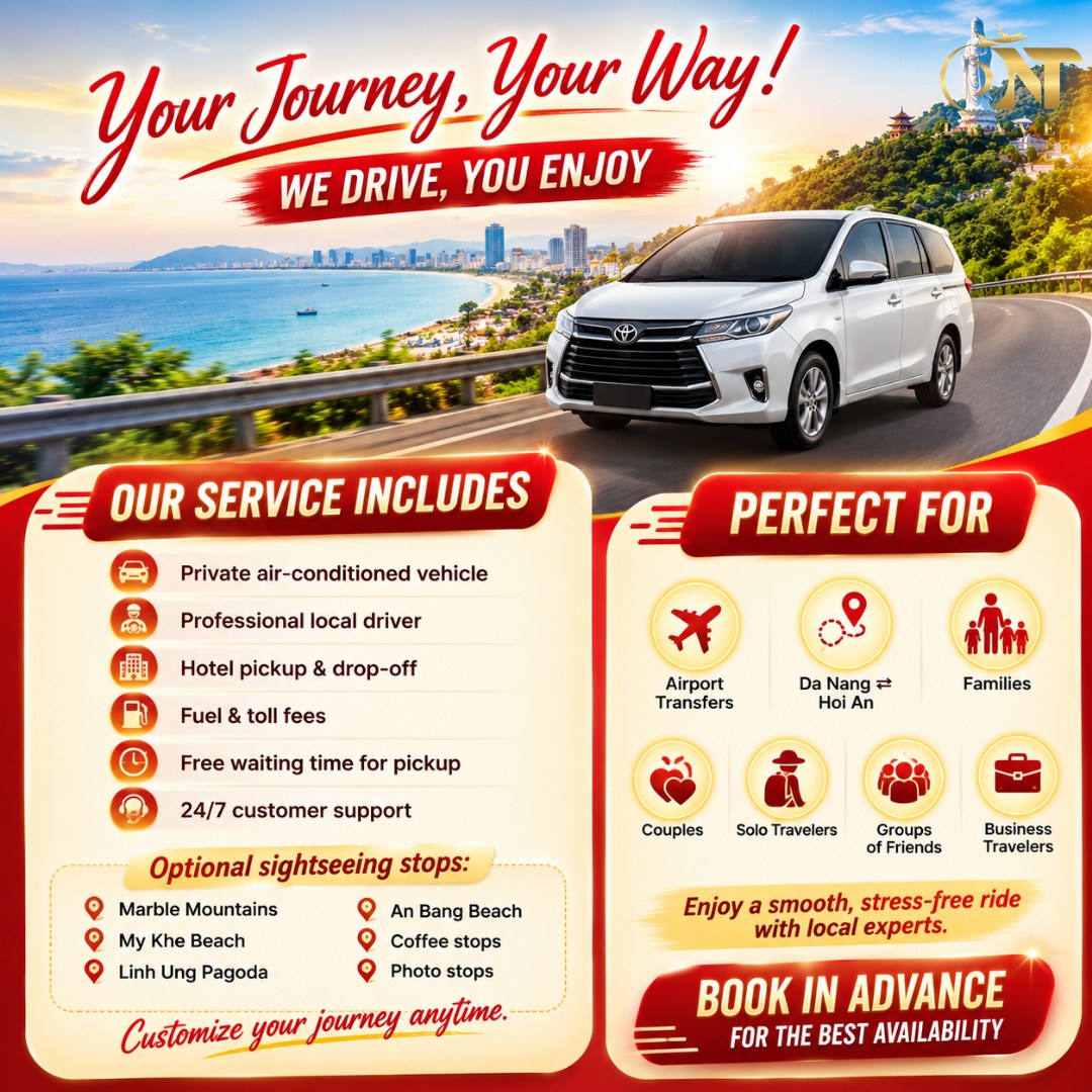 chapisrivero's tweet photo. Private car service between Da Nang and Hoi An. Fixed prices, clean air-conditioned vehicles, flexible pickup times, and friendly local drivers. Optional sightseeing and coffee stops available. Travel comfortably with ONT Travel Vietnam. https://t.co/TCyG3dJ6pO