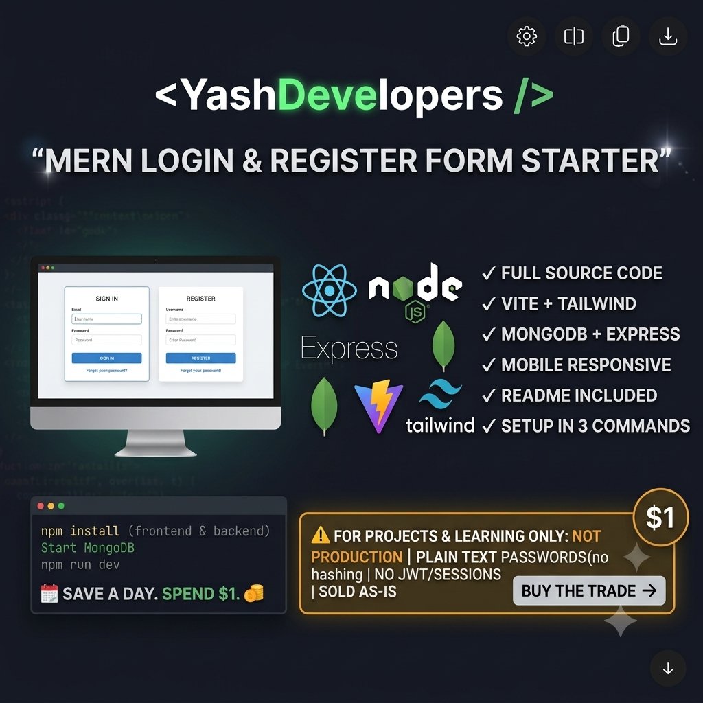 Developervxku's tweet photo. Spent days building a MERN login form so you don't have to.  React + Vite + Tailwind + Express + MongoDB. Working register flow. Duplicate email handled. Mobile responsive. README included.  Not production-ready No bcrypt. No JWT. I'll say it first.

link: https://t.co/b5AvJNzttS https://t.co/yGPJKoYxkN