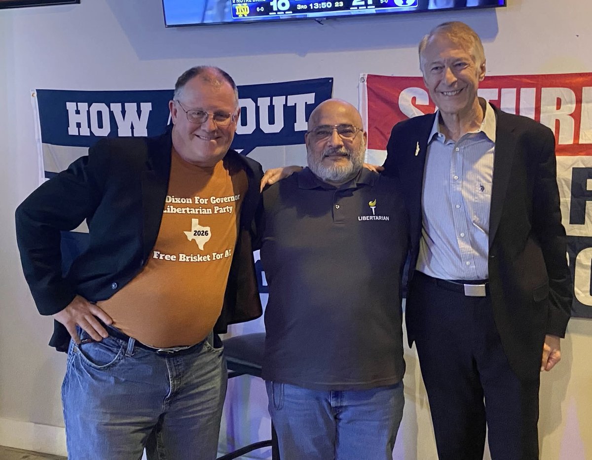 TedBrownLiberty's tweet photo. I met with supporters and interested voters in Seguin (Guadalupe County) last night. Here I am with fellow statewide candidates Pat Dixon (for Governor) and Anthony Cristo (for Lt. Governor). Early voting starts tomorrow. Please go out and vote for us and the other freedom-loving Libertarians on your ballot.