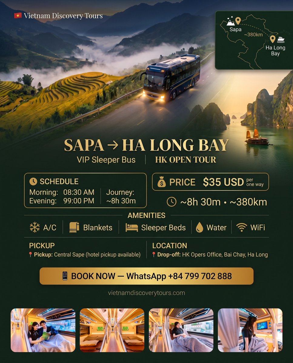 xlcerro's tweet photo. Sapa to Ha Long Bay by VIP sleeper bus is a comfortable, relaxing ride. Spacious beds, blankets, A/C, WiFi, water, and hotel pickup make the 8. 5-hour journey smooth between Vietnam’s mountain and coastal gems. https://t.co/t7G9kY46rz