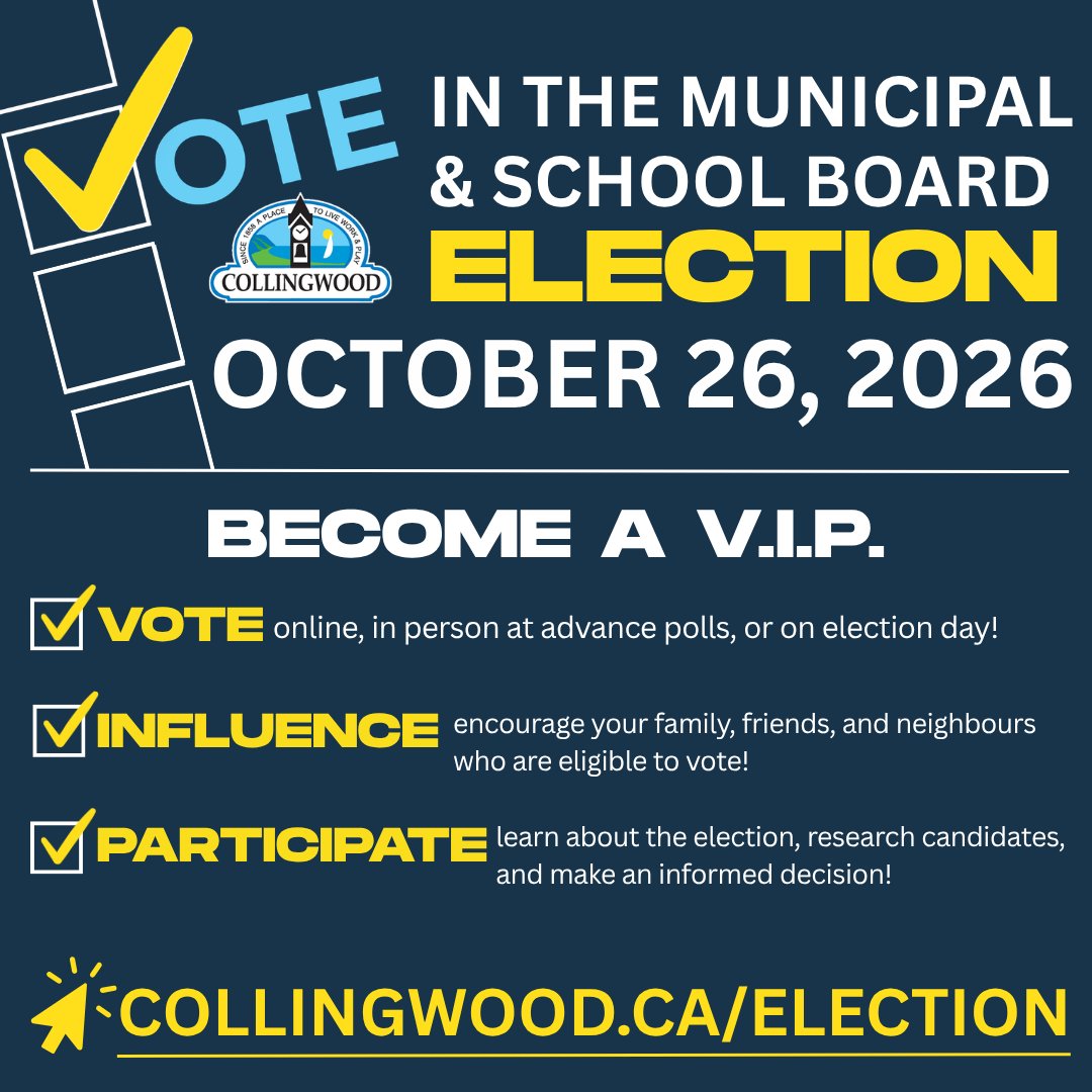 TownCollingwood's tweet photo. Have you voted yet? 10 days of online voting and one advance poll have brought voter turnout to 11.3%, with 2901 ballots cast so far🗳️

Become a V.I.P. - vote online 24/7, at advance polls on October 22 or 25, or election day, October 26.

🔗Election info https://t.co/mohbfzcvoW https://t.co/HeTDI3RyGG