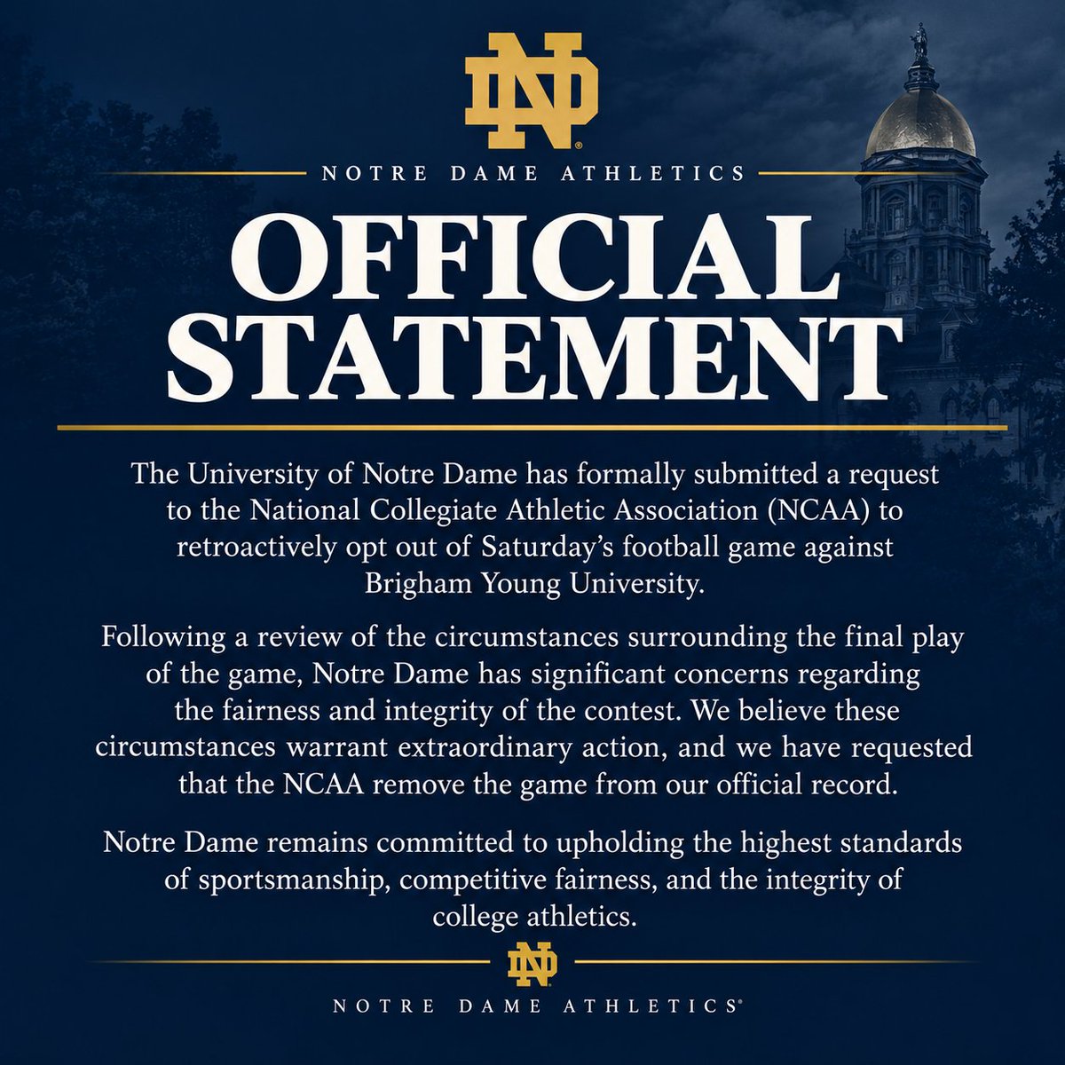 FiredUpCoug's tweet photo. Following the controversy surrounding the final play of last night's game against BYU, Notre Dame is petitioning the NCAA for permission to retroactively opt out of the contest entirely. https://t.co/vZ9YpGrEph