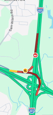 wcnc's tweet photo. 485 Outer connector to I-85 (west Meck) -- FD rolling up to a crash adding to the usual backup:
#clttraffic https://t.co/0q8tPiBZYA