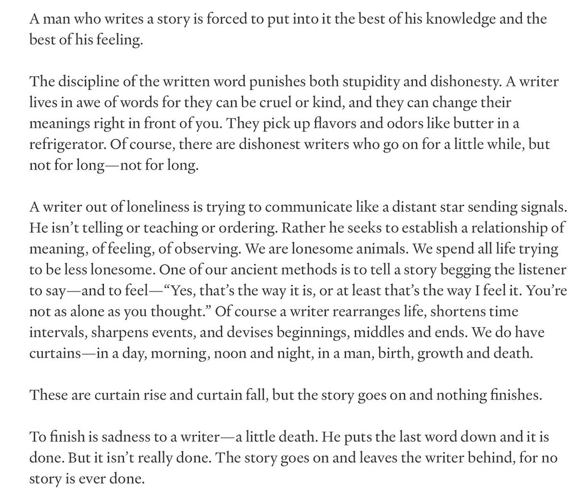 Samantharhill's tweet photo. Gorgeous passage from John Steinbeck on the relationship between writers and loneliness and how even our books leave us in the end. Thanks to
@parisreview 

https://t.co/CgqaGYsH2M https://t.co/rTiMZD2jjj