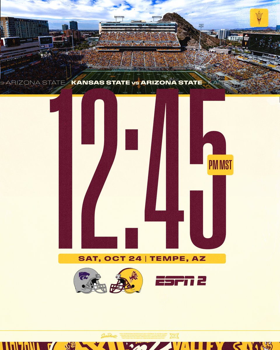 ASUFootball's tweet photo. Game Time Announcement:  

🆚: Kansas State
🗓️: Oct. 24th
⏰: 12:45 PM MST 
📍: Mountain America Stadium 
📺: ESPN 2 https://t.co/o0L6EGI9rm