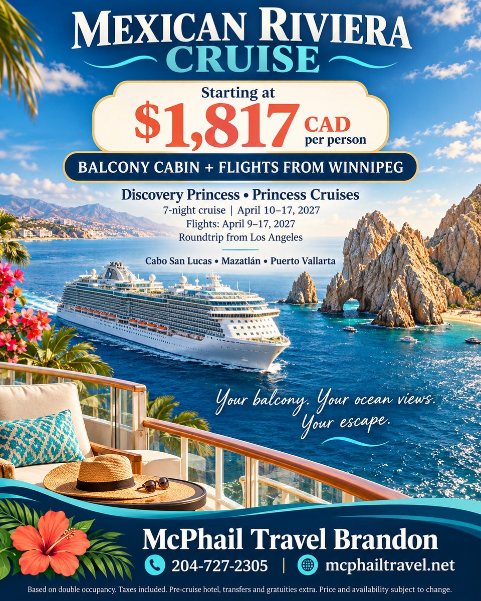 evitinhamaria's tweet photo. Mexican Riviera from $1, 817 CAD per person, including flights from Winnipeg and a balcony cabin. 7 nights aboard Discovery Princess, April 10–17, 2027. Roundtrip Los Angeles with stops in Cabo San Lucas, Mazatlán and Puerto Vallarta. Taxes https://t.co/HbQi5fJDxU