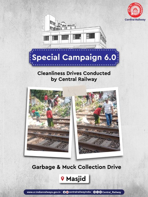 drmmumbaicr's tweet photo. Cleaner surroundings, better railway spaces. ✨
Under Special Campaign 6.0, Central Railway conducted a Garbage & Muck Collection Drive at Masjid, reinforcing its commitment to cleaner railway premises.
#SpecialCampaign #CentralRailway #CleanRailways #Swachhata #IndianRailways https://t.co/MAHq6eh6wi