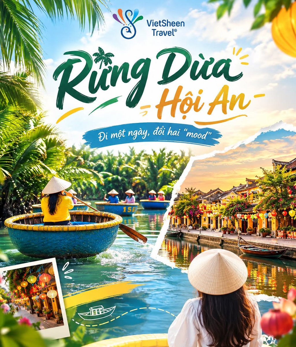 can_ghost's tweet photo. Tour Rừng Dừa Bảy Mẫu và Phố cổ Hội An: một ngày, hai sắc thái. Thả mình trên thuyền thúng giữa dừa nước xanh mát, rồi dạo phố cổ với đèn lồng, nhà vàng và Chùa Cầu. Trải nghiệm Hội An theo cách trọn vẹn hơn. https://t.co/myKttgov2w