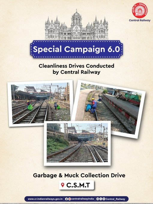 drmmumbaicr's tweet photo. Clean tracks make for better journeys. 🚆✨
Under Special Campaign 6.0, Central Railway carried out a Garbage & Muck Collection Drive at CSMT, strengthening cleanliness across railway premises.
#SpecialCampaign6 #CentralRailway #CleanRailways #Swachhata #IndianRailways https://t.co/erCKzjhhmP