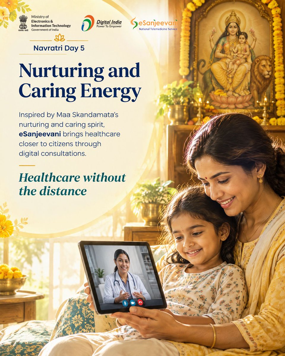 _DigitalIndia's tweet photo. Maa Skandamata reflects nurturing, care and compassion.

eSanjeevani carries that spirit into the digital age by bringing healthcare consultations closer to citizens — wherever they are.

Healthcare without the distance.

#NavShaktiDigitalShakti #MaaSkandamata #eSanjeevani #DigitalHealth #DigitalIndia