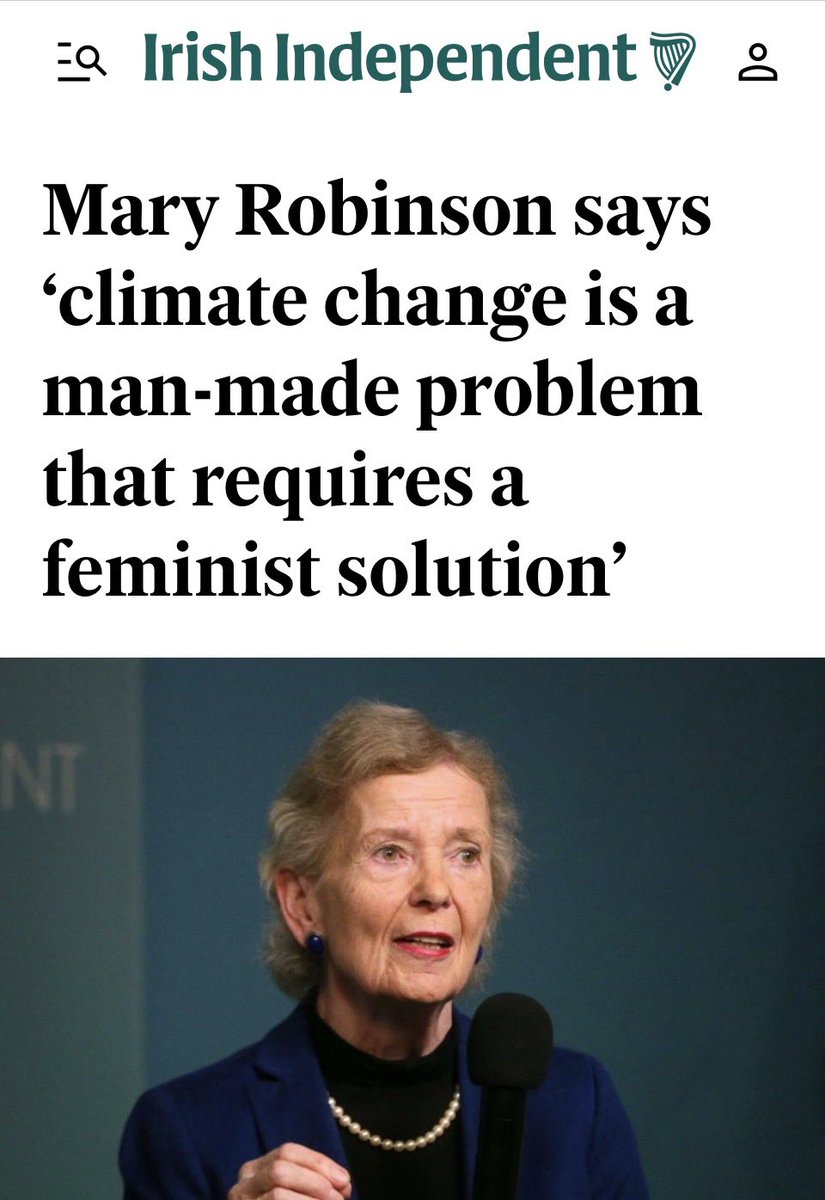 BenGilroyIRL's tweet photo. Mary Robinson says climate change needs a “feminist solution.” Grand.  Gather every liberal feminist in the Phoenix Park, invite the world’s press and demonstrate it. No speeches, conferences or reports.  Just fix the climate. I’ll bring a deckchair and thermometer.

Go on, Mary https://t.co/7KCafSSBwM