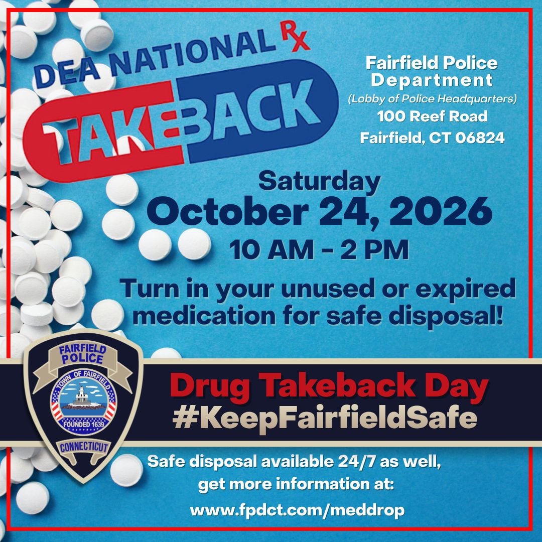 FPDCT's tweet photo. National Drug Take Back Day is this week!

FPD will participate in National Drug Take Back Day on Sat, Oct 24, from 10AM to 2PM at Police Headquarters, 100 Reef Road.

#KeepFairfieldSafe https://t.co/f6O91edIVx