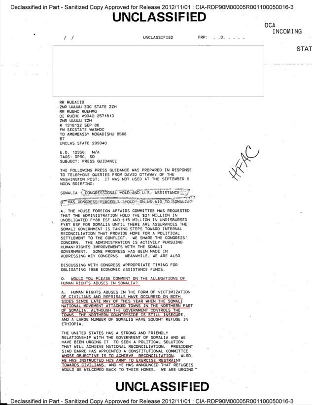 EIshmael_'s tweet photo. CIA-documents! According to a CIA declassified document released in 2012, the CIA attested to the fact that the SNM attacked the government unprovoked and everything the government committed was reactionary. The CIA reported that Barre instructed his soldiers to be on easy on the civilian population.