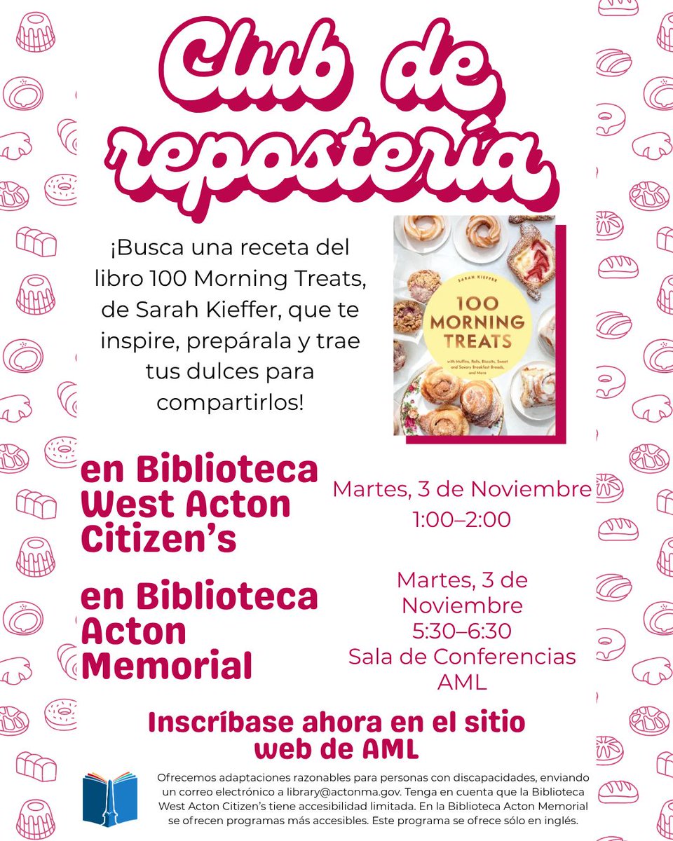 ActonMemLibrary's tweet photo. Next month is the second meeting of baking club! We'll be meeting on Tues, Nov 3, from 5:30-6:30pm, in the AML conference room. For more information and to sign up check out the program page on our website: https://t.co/9JY4YAmEkU https://t.co/bxLHnvqIh4