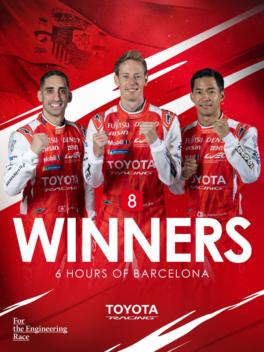 ToyotaRacing_JP's tweet photo. ✨✨ WECバルセロナ 𝐖𝐈𝐍𝐍𝐄𝐑✨✨

8号車は今季3勝目をマーク🏆🏆🏆

ブエミ選手はWEC参戦100戦目の節目に見事優勝を飾りました🎉 

#TOYOTARACING #TR010HYBRID #6HBarcelona #WECjp https://t.co/oY6nOhb4pd
