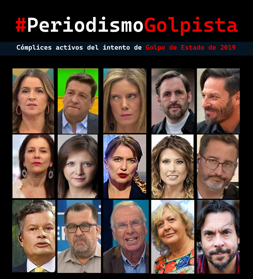 j_paez_g's tweet photo. Los patriotas jamás olvidaremos el rol activo y coordinado del #PeriodismoGolpista en 2019, que legitimó la violencia, la barbarie y la persecución contra Carabineros. Faltan varios aquí, pero los "recordamos" a todos #18Octubre #FueGolpe #EstallidoDelictual https://t.co/yNd3iEsVBD