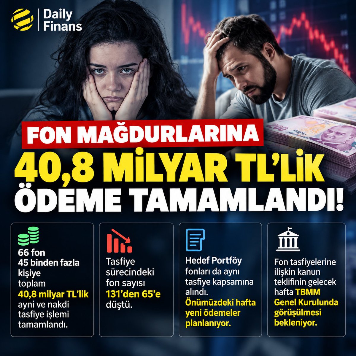 DailyFinansX's tweet photo. Fon mağdurlarına 40,8 milyar TL'lik ödeme tamamlandı!

Cumhurbaşkanlığı İletişim Başkanlığı açıkladı:

• A1, Bulls ve Pardus Portföy'e ait 66 fonda, 45 binden fazla kişiye toplam 40,8 milyar TL'lik ayni ve nakdi tasfiye işlemi tamamlandı.

• Tasfiye sürecindeki fon sayısı 131'den 65'e düştü.

• Hedef Portföy fonları da aynı tasfiye kapsamına alındı. Önümüzdeki hafta yeni ödemeler planlanıyor.

• Fon tasfiyelerine ilişkin kanun teklifinin gelecek hafta TBMM Genel Kurulunda görüşülmesi bekleniyor.

Güncel ekonomi ve gündem haberleri için hesabımı takip etmeyi unutmayın! 
#TERA #TLY #PBLK