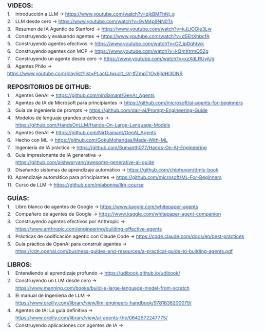 julia_coder_'s tweet photo. STOP WASTING HOURS TRYING TO FIGURE OUT WHAT TO LEARN ABOUT AI

I've put together a COMPLETE practical roadmap for you with videos, GitHub repositories, guides, books, research articles, and courses

VIDEOS:

1Introduction to LLM → https://t.co/hICbPosHCj

2LLM from scratch → https://t.co/X5ivhDrccN 

3Stanford Agentic AI Summary → https://t.co/Hr9mAYC1Zs 

4Building and evaluating agents → https://t.co/l4sbooVWKo

5Building effective agents → https://t.co/ksdK0eJ4QT

6Building agents with MCP → https://t.co/zpnfoi2S0h

7Building an agent from scratch → https://t.co/cXPVDsb8DU 

8Philo Agents → https://t.co/KryRCaATV7

GITHUB REPOSITORIES:

1GenAI Agents → https://t.co/wHtabdUxB8

2Microsoft's AI Agents for Beginners → https://t.co/71LyOl6TmD

3Prompt Engineering Guide → https://t.co/kqIgvnzO7T

4Practical Large Language Models → https://t.co/p5uZn0flRb

5GenAI Agents → https://t.co/wHtabdUxB8

6Made with ML → https://t.co/YqNA6gtsIW

7Practical AI Engineering → https://t.co/qrpKM5ZXT1

8Impressive Generative AI Guide → https://t.co/OYi9nMn29m

9Designing Machine Learning Systems → https://t.co/6TvTnKK1MB

10Machine Learning for Beginners → https://t.co/x9xjqUms1s

11LLM Course → https://t.co/KG65fvZMGD

GUIDES:

1Google's Agents Whitepaper → https://t.co/sCPLVCKDui

2Google's Agents Companion → https://t.co/ht03FPpcpR

3Building Effective Agents by Anthropic → https://t.co/dZByQby949

4Agentic Coding Practices with Claude Code → https://t.co/BEFde1Eh2t

5OpenAI's Practical Guide to Building Agents → https://t.co/wIPdBEXLcg

BOOKS:

1Understanding Deep Learning → https://t.co/Rg12nLiw7X

2Building an LLM from Scratch → https://t.co/XTxPUddCIp

3The LLM Engineering Handbook → https://t.co/2MYINFWsud

4AI Agents: The Ultimate Guide → https://t.co/P2Q5d4NgCd

5Building Applications with AI Agents → https://t.co/Z7dNKno6FK

6AI Agents with MCP → https://t.co/m5vuUr0JBI

7AI Engineering → https://t.co/M9vCteQIqM

RESEARCH ARTICLES:

1ReAct → https://t.co/5kqWvz51PV

2Generative Agents → https://t.co/cAAyGbY6zW

3Toolformer → https://t.co/LksgUgU8Oo

4Chain of Thought Prompting → https://t.co/1ZGfXiyfOf

COURSES:

1Hugging Face Agents Course → https://t.co/RIuTSsy5xT

2MCP with Anthropic → https://t.co/JULppdVkqK

3Building Vector Databases with Pinecone → https://t.co/BxC57UzHvO

4Vector Databases: From Embeddings to Apps → https://t.co/xJ5tL5LcQl

5Agent Memory

Must follow @julia_coder_ for more content ...