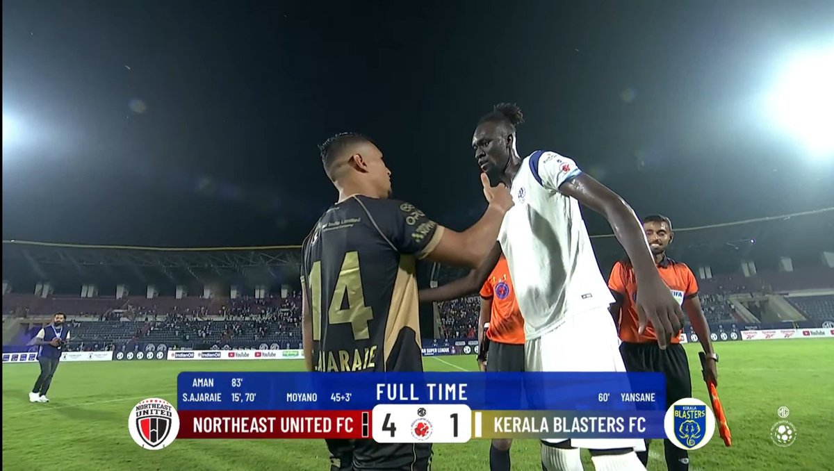 IndandISLNews's tweet photo. FULL TIME! 🔥
NorthEast United FC thrash Kerala Blasters FC 4-1! 🟣🔴
⚽ Ajaraie (15’, 70’)
⚽ Moyano (45+4’)
⚽ Aman (82’)
Momo (60’) scored the only goal for Kerala Blasters.
A dominant performance from the Highlanders! 💪
#NEUFC #KBFC #MGISL https://t.co/nOg8q0RKuh