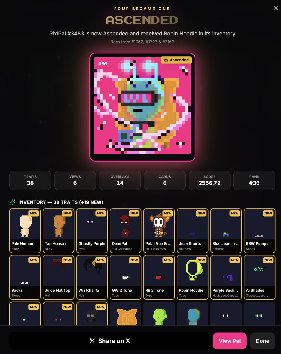 iamaurel1us's tweet photo. 👑 @PixlPalsNFT #3483 ASCENDED
- OG Game Boy has just leveled up his game to @RobinhoodCrypto!
✨ 38 traits in inventory
👁️ +1 view · 🎨 +8 overlays
🔥 Four became one. Forever.
Will he be on top or not????
#PixlPals #Ascension #ApeChain https://t.co/UVbALdKDMr https://t.co/68pboeM9gD