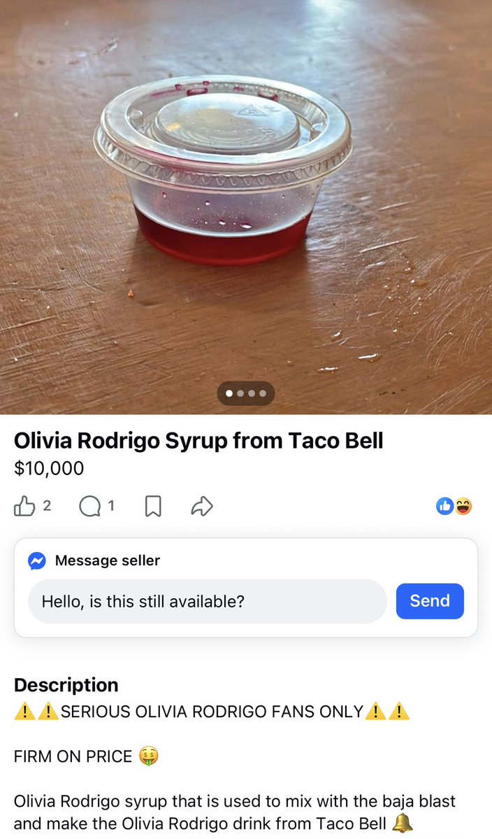 insanemrktplace's tweet photo. Olivia Rodrigo Syrup from Taco Bell ($10,000) https://t.co/ZesRVesNJH