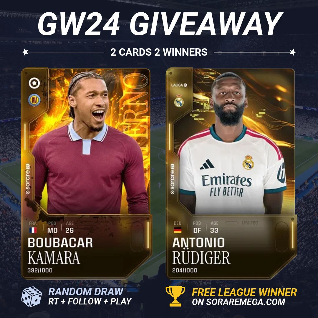 SorareMega's tweet photo. 🏆 GW24 @ChampionsLeague SPECIAL! 🔥

2 In-Season cards. 2 winners!

🏆 Free League winner → 🟨 @ToniRuediger
🎁 Random draw → 🟨 Boubacar Kamara (Inferno edition)

To enter:
🔁 RT
👥 Follow @SorareMega
💬 Reply with your Sorare username
⚽ Play GW24 on https://t.co/OmenHf2qEG

🎲 Draw: Wednesday

@Sorare @RealMadrid @AVFCOfficial
#Sorare #Sidegame #UCL #FantasyFootball