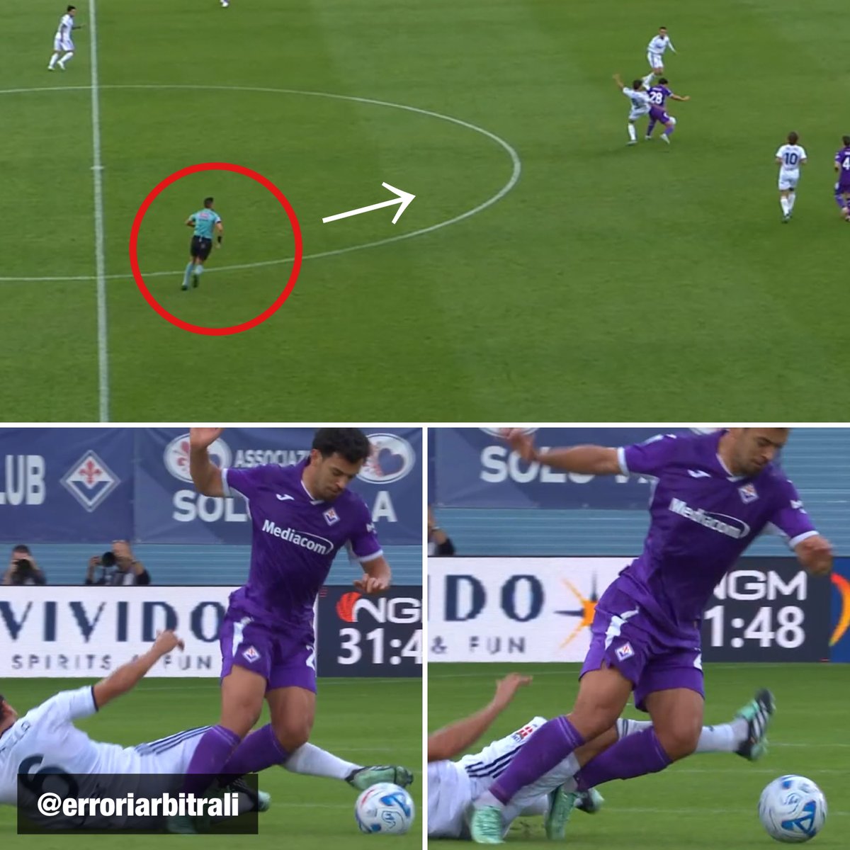 erroriarbitrali's tweet photo. #FiorentinaComo | quello accaduto in occasione del vantaggio del Como non può essere a mio avviso equiparato ad una lotta per il recupero del pallone e quindi lasciarlo episodio di campo: il giocatore del Como prova con il sinistro 3 volte ad arrivare su un pallone su cui non può arrivare (e infatti non ci arriva, il tocco finale è solo un rimbalzo fortuito) fino a cadere con il corpo sulle gambe del giocatore Viola che perde a quel punto il pallone (📸 DAZN).

❌ Di Bello è ben posizionato e non fischia: il VAR decide (a mio avviso erroneamente) di non intervenire e convalidare la rete di Liberali.

#como #fiorentina #SerieAEnilive