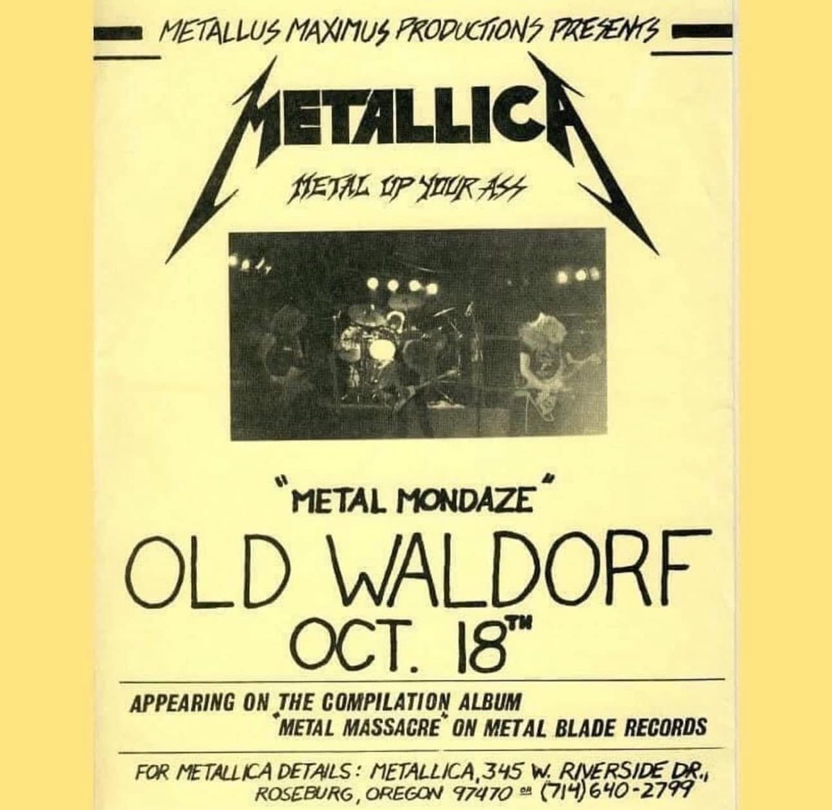 MetSince1981's tweet photo. #UnDíaComoHoy…
📆 En 1982, un día como hoy 18 de Octubre, @Metallica se presenta en el recinto de #OldWaldorf de San Francisco CA USA con la siguiente formación original: James Hetfield, @larsulrich, @DaveMustaine y @RonMcGovney. 
📸 Brian Lew.
#Metallica #METALLICASince1981 https://t.co/wf4vDX3rzi