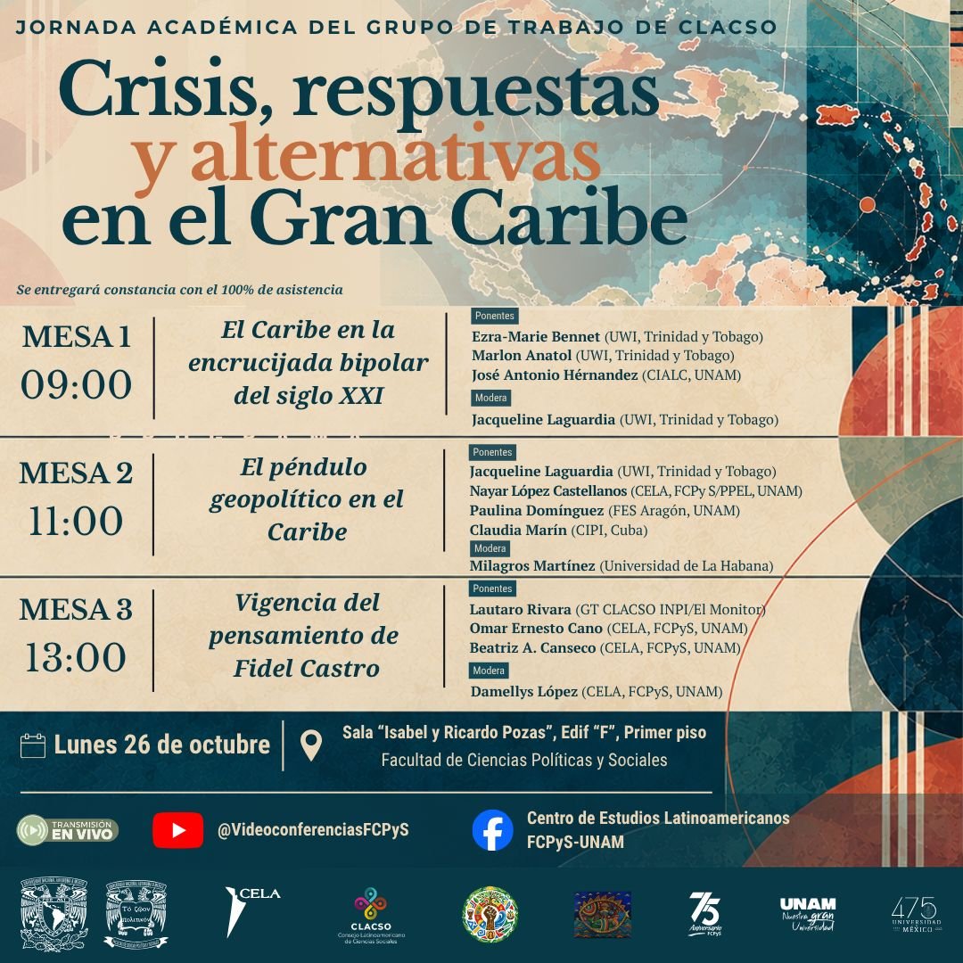 CMarinCIPI's tweet photo. Jornada académica “Crisis, respuestas y alternativas en el Gran Caribe”, espacio de diálogo para reflexionar sobre las transformaciones geopolíticas de la región, desafíos y alternativas que se abren en el escenario internacional

@GTGranCaribe, @_CLACSO
@CentroELA

📅 26/octubre https://t.co/3jtreevZSX