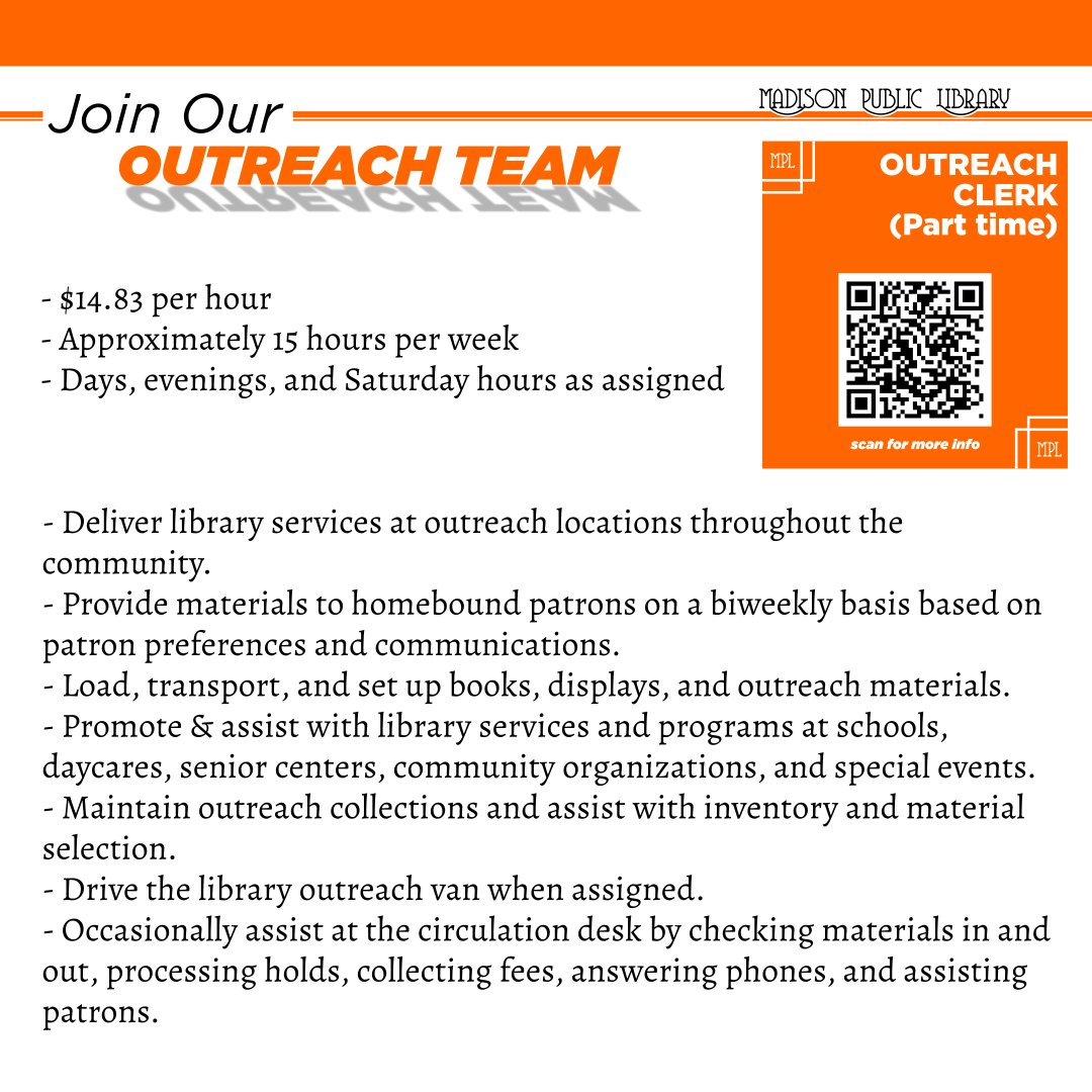 MadisonPL's tweet photo. 📚 We’re hiring! Madison Public Library seeks a friendly, dependable team member for Mobile Services &amp; Outreach, bringing library services to schools, senior facilities, community events &amp; homebound patrons. Apply or share! 💙
👉 https://t.co/4Ly4VmbeWs
#NowHiring #LibraryJobs https://t.co/WIBMEsm7Vc