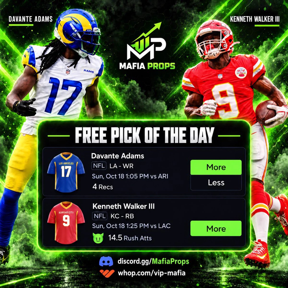 Kimberly1se3's tweet photo. 🔨 NFL PLAY OF THE DAY \[10/18\] 🔨

⭐️ Davante Adams OVER 4 Receptions
⭐️ Kenneth Walker III OVER 14\.5 Rush Attempts

DROP A 💚 IF TAILING
\#NFL \#POTD \#fyp \#Rams \#Chiefs https://t.co/WxQMKMfHXZ
