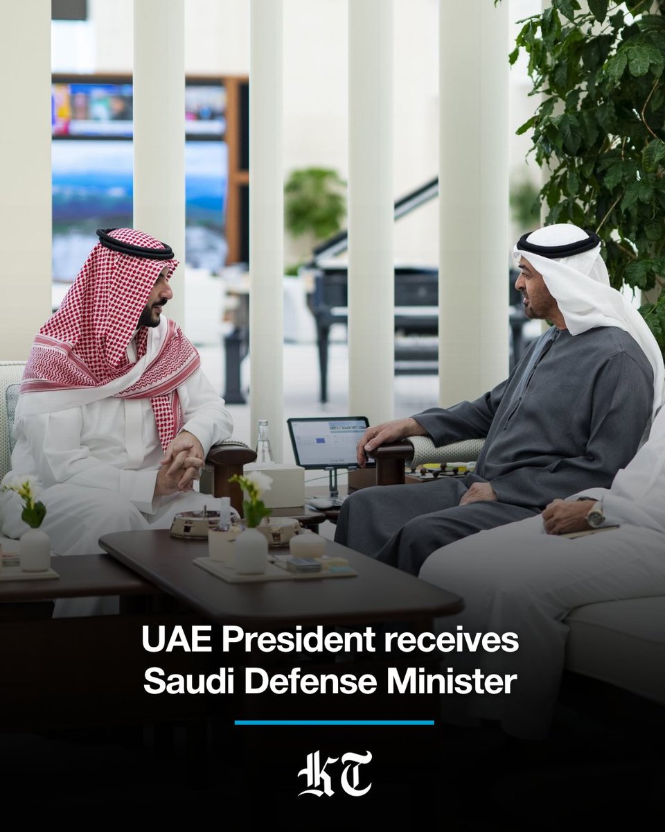 kuwaittimesnews's tweet photo. UAE President Sheikh Mohamed bin Zayed Al Nahyan on Sunday received Saudi Minister of Defence Prince Khalid bin Salman bin Abdulaziz Al Saud.

Prince Khalid bin Salman conveyed to Sheikh Mohamed bin Zayed the greetings of Saudi King Salman bin Abdulaziz Al Saud and Saudi Crown Prince Mohammed bin Salman bin Abdulaziz Al Saud. In turn, Sheikh Mohamed bin Zayed asked Prince Khalid bin Salman to convey his greetings to the Saudi King and the Crown Prince.

The meeting addressed the fraternal relations between the two countries and ways to further strengthen cooperation in a manner that serves mutual interests and brings greater prosperity and development to their peoples. 

The two sides also exchanged views on regional developments with the aim of contributing to strengthening security and stability and achieving lasting peace in the region.

The meeting was attended by Sheikh Mansour bin Zayed Al Nahyan, UAE's Vice President, Deputy Prime Minister and Chairman of the Presidential Court; Sheikh Tahnoon bin Zayed Al Nahyan, Deputy Ruler of Abu Dhabi and National Security Adviser; Sheikh Hamdan bin Mohamed bin Zayed Al Nahyan, Deputy Chairman of the Presidential Court for Special Affairs; Sheikh Mohammed bin Hamad bin Tahnoon Al Nahyan, Advisor to the UAE President; several ministers and officials.