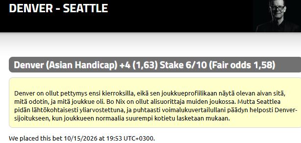 ESBC_Vuoksenmaa's tweet photo. Molemmissa  #EKA-sijoituksissani klo 20 #NFLfi-otteluihin olen hävinnyt marginaalisesti #CLV:tä. Mutta olen tutkinut ottelut hyvin, ja uskon, että #Vedonlyönti'markkina on väärässä. Suosittelen klikkaamaan molemmat EKA't sivultani 

(https://t.co/YnZi3sXaUf) 

ja pelaamaan yhä paremmilla kertoimilla jo lyömiäni kohteita, ellet tiedä jotain, mitä minä ja markkina emme tiedä.

#NFL:ssä taas tosi hyvä onni. Tappiollisen toissa viikonlopun jälkeen 13 ottelusta 10 voittoa ja yksi push.

#sijoittaminen