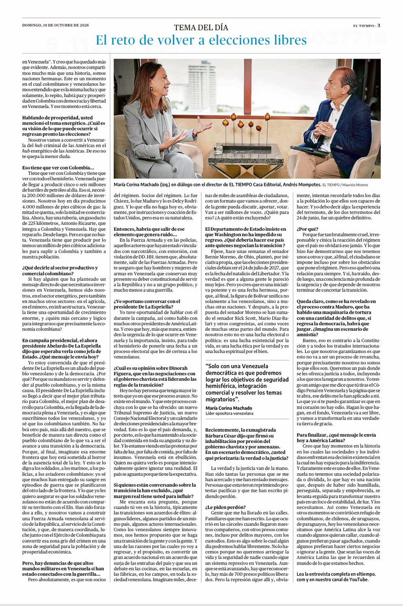 oavendano's tweet photo. 🚨 | La entrevista exclusiva que @ELTIEMPO le hace a María Corina Machado:

“No habrá paz duradera en Colombia mientras no exista democracia en Venezuela”. https://t.co/V7dlgFvcTX